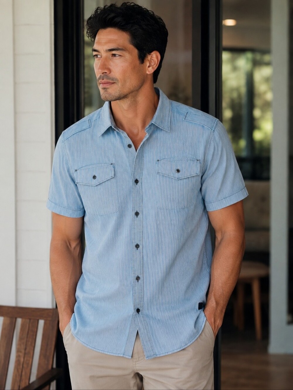 G-Star Raw Men’s Short Sleeve Button-Up Shirt Blue Pinstripe Size L